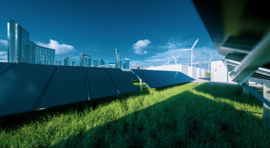 solar pv modules, wind turbines and battery energy storage against a city backdrop