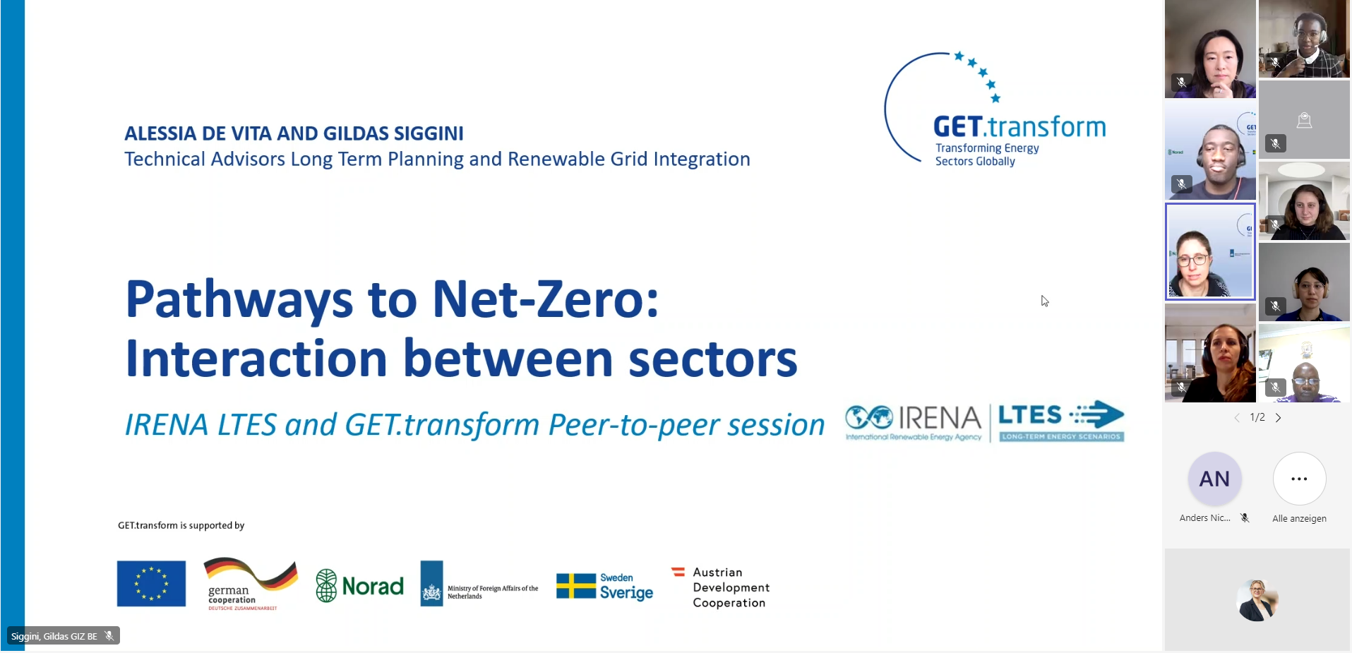 Alessia De Vita and Gildas Siggini, Technical Advisors at GET.transform, presenting in Irena LTES peer-to-peer session,pathways to net-zero