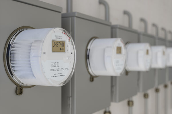 Close-up View Of Electric Meters On Wall With Blurred Background